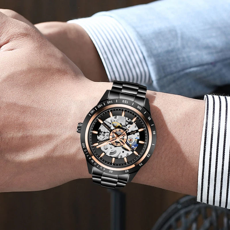 Модные мужские механические часы FORSINING черный скелет Мужские Аналоговые