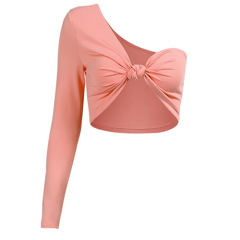 

Shestyle T Shirts One Shoulder Sleeve Women 2021 Summer Solid V Neck Wrap Knot Sexy Bustier Asymmestrical Crop Tops Black