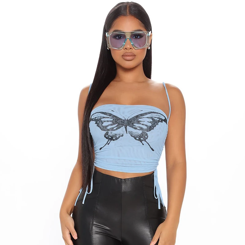 

CuteNOVA Net Yarn Sleeveless Crop Tops Womens Butterfly Print Camisole Summer Hot Sale Solid Basic Tees Casual Ladies Tank Tops