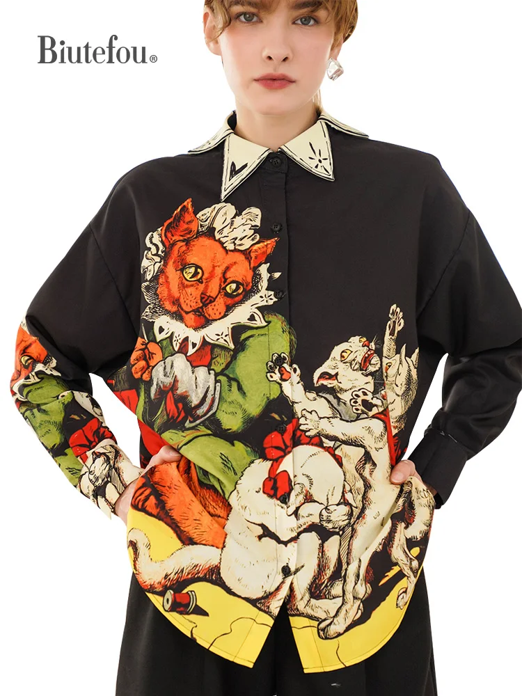 2022 Spring and Autumn Women Loose Illustration Multi-Layer Printed Collar Shirt