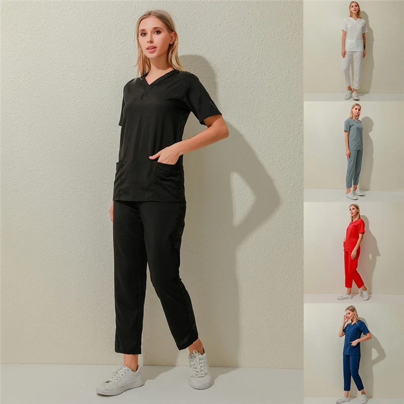 

Women Men Workwear Short Sleeve V-neck Tops+Pants Nursing Working Uniform Suit Scrub Uniform Overalls Clothes