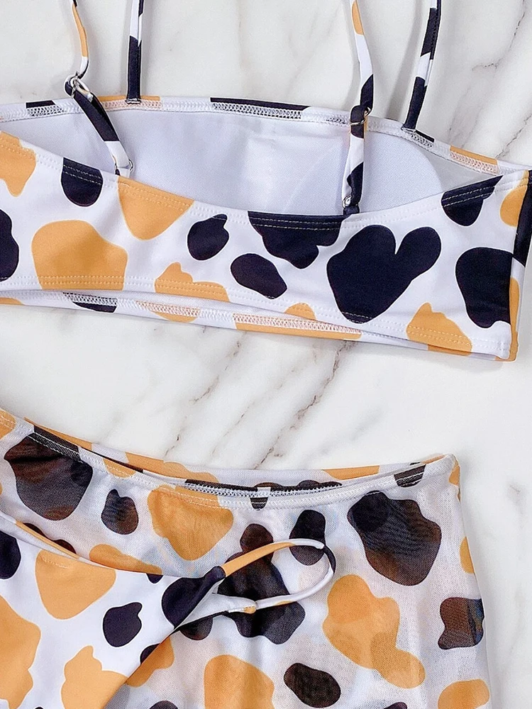 

Cow Print Three-piece suit Bikinis Sexy Bikini 2021 New Arrival Swimwear Women Straps Padded Bra Low Waist Swimsuit
