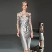 2021 gorgeous silver short knee length lace mother of the bride dresses three quarter sleeves wedding party gowns boat neck