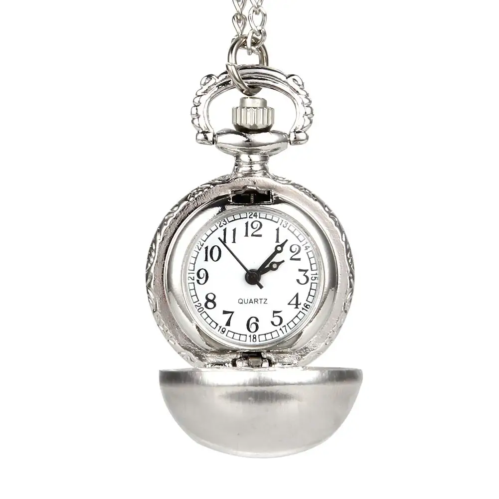 

Retro Silver Color Round Ball Quartz Fob Pocket Watch with Sweater Necklace Chain Gifts NIN668