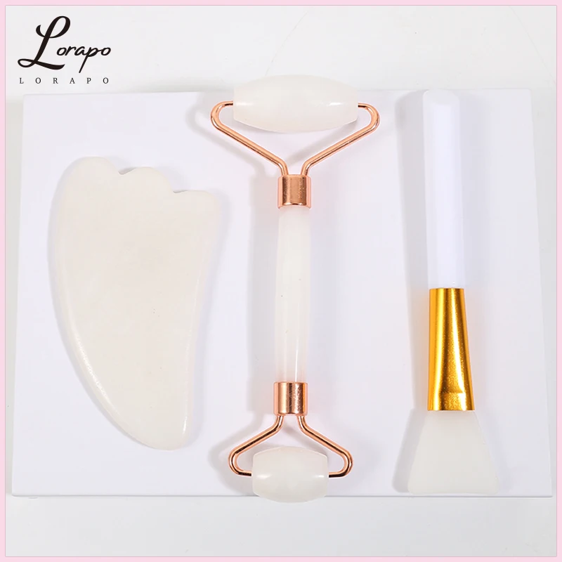 Jade Roller Natural Jade Face Massage Roller Slimming Massager Jade Shaving Mask Brush Three-piece Skin Care Beauty Set Box