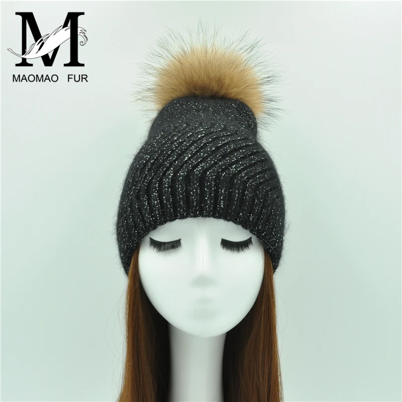 Winter Women Fur Ball Cap Real Pom Hat Water Ripple Female Wool Knitted Beanies | Аксессуары для одежды