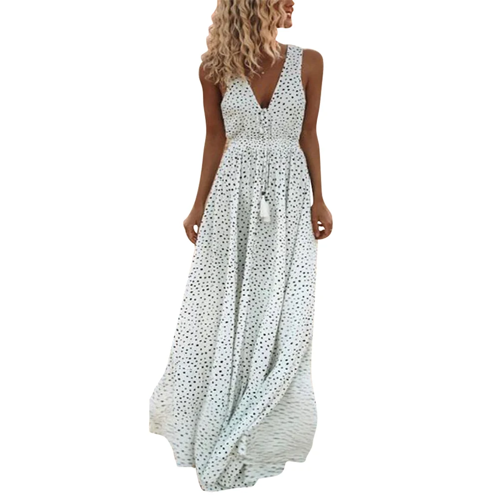 

Boho V Neck Women Maxi Dress Sleeveless Embroidery Polka Dot Long Beach Dress Vacation Holiday Lady Vestidos 2021 Summer D30