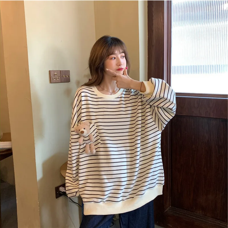 

Stripe Long Sleeve Sweatshirt Women Fashion Korean Autumn And Winter Loose Mid Length Top All-match Sudadera Mujer Em*