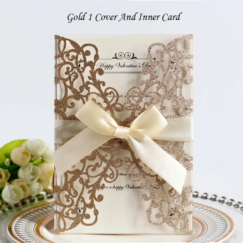 Gold 1 Cover Insert 1 шт. золотисто-синяя Серебристая блестящая бумага лазерная резка свадебные пригласительные открытки с лентой индивидуальный Свадебный декор вечерние принадлежности - Цвет: Gold 1 Cover Insert