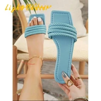 summer square head woven womens slippers flat bottomed one line slippers female large size beach sandals and slippers flip flop