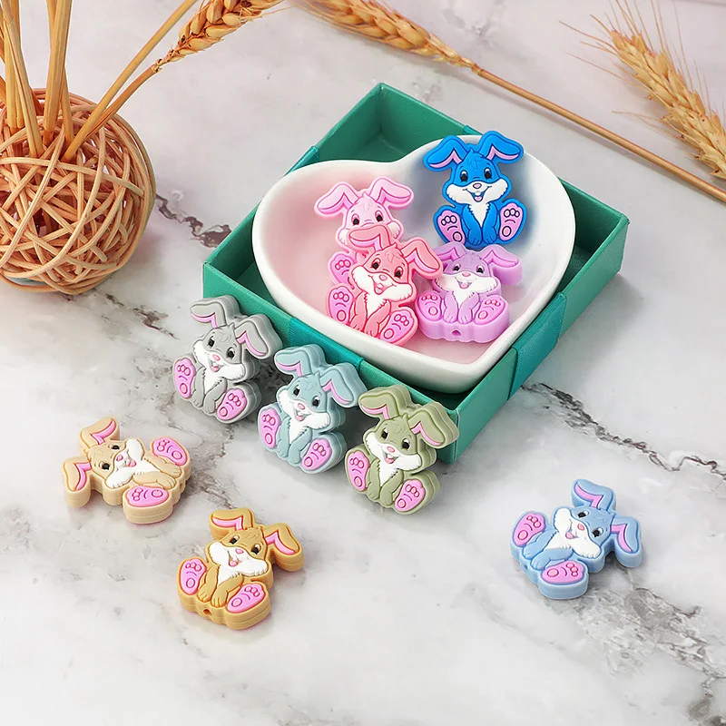 Cuentas de silicona de dibujos animados para beb&eacute;, cadena de chupete sin BPA, accesorios para mordedor, conejo, gato, arco&iacute;ris, 10 piezas-1