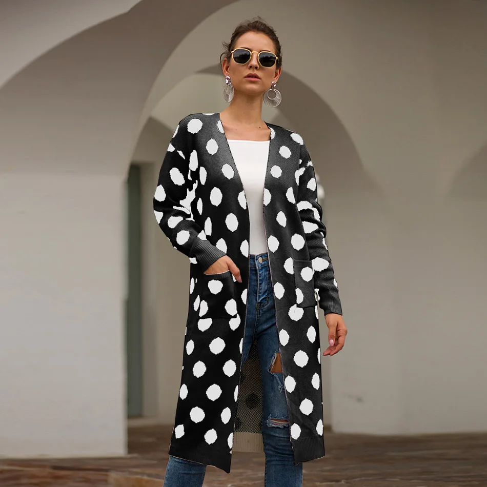 Fashion Knitted Dot Long Cardigan Women Pocket Plus Size Mujer Overcoat Streetwear Autumn Blusas De Inverno Feminina |