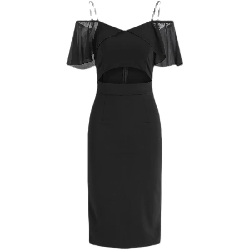 

2021 summer new Korean sexy caution machine hollow out show thin hot girl tiaodi small black skirt suspender dress