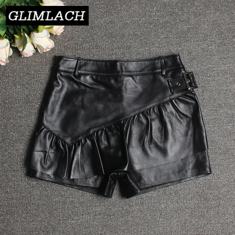 2020 Female Genuine Leather Slim Wide Leg Shorts Women 100% Sheepskin Real Leather Shorts Skirts Ladies Sexy Streetwear Spring