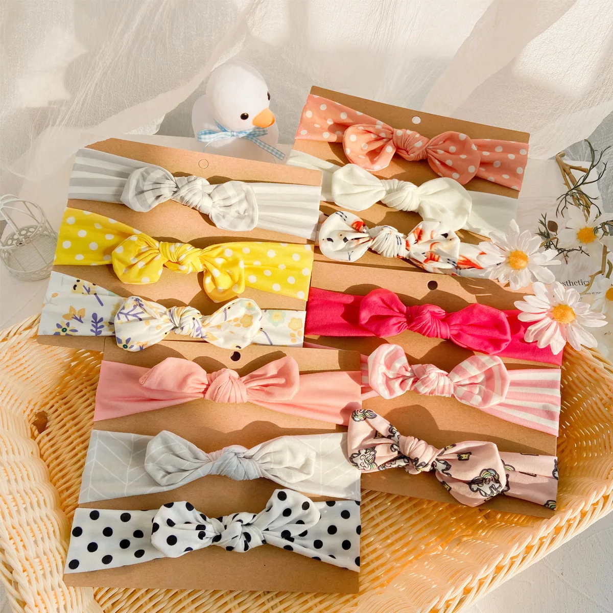 3 Pcs/Set Cute Rabbit Ear Elastic Baby Girl Headband Flower Printed Bows Kids Headbands Turban Girls Hair Accessories | Детская одежда