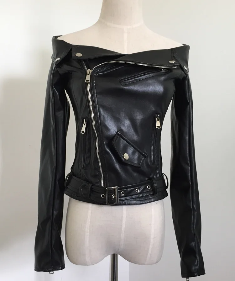 

New real leather joker show thin black women s clothing of fund of autumn winters is a word shoulder high waist locomotive