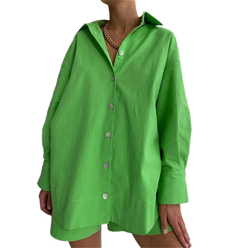 

Hirigin 2021 Women Y2k Shirt + Shorts Casual Style Loose Version High Waist Design Solid Color Spring Clothing High Street