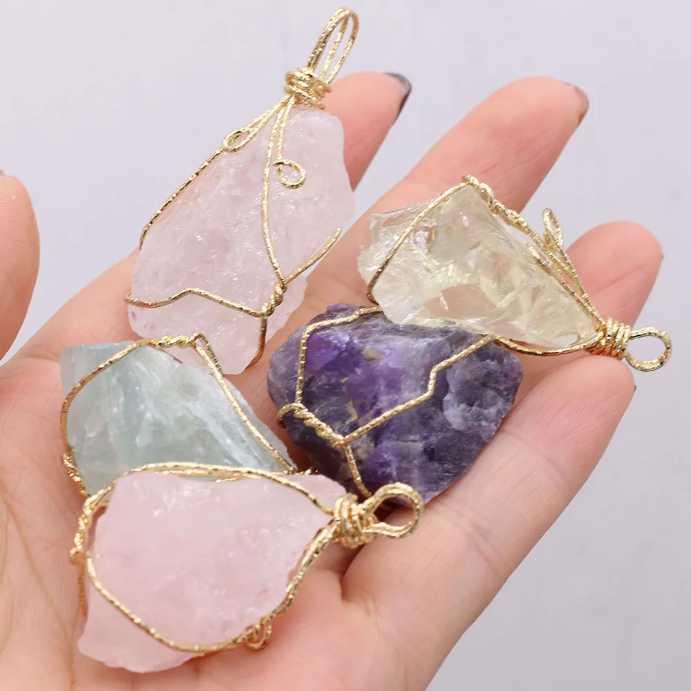 Charms Natural Stone Pendant Winding Golden Irregural Amethysts Rose Quartzs Pendant for Women Jewerly DIY Necklace Accessories
