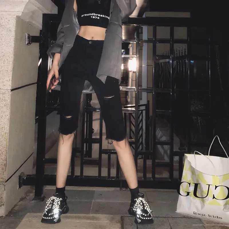 

2021 New Korean Fashion Women High Waist Denim Shorts Ripped Hollow Out Hole Streetwear Elastic Solid Jean Shorts All Match Z39