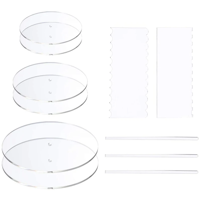 

Acrylic Round Cake Disk Set - Cake Discs Circle Base Boards with Center Hole - 2 Comb Scrapers (4 Patterns) & Dowel Rod