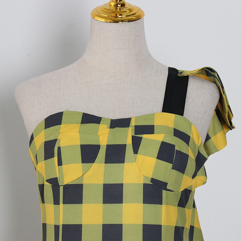 

GALCAUR Print Yellow Plaid Dress For Women One Off Shoulder Sleeveless Patchwork Ruffle Dresses Female Summer Fashion 2020 Tide