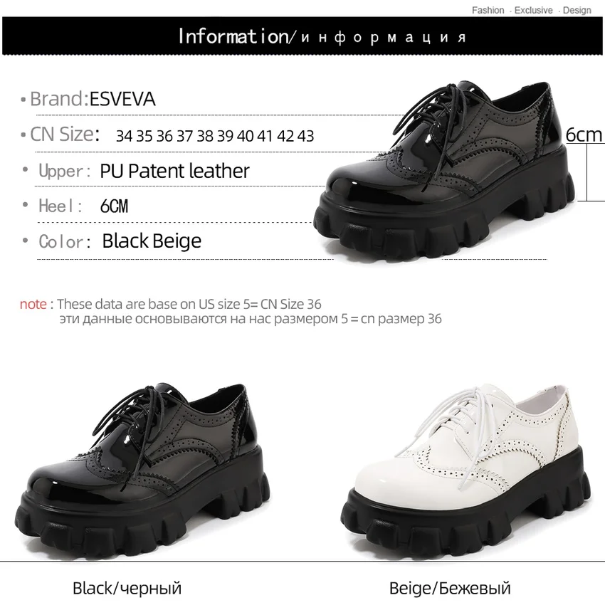 

ESVEVA 2020 Square Heel Ladies Shoes Platform Lace Up Women Pumps Round Toe PU Patent Leather All Match Women Shoes Size 34-43