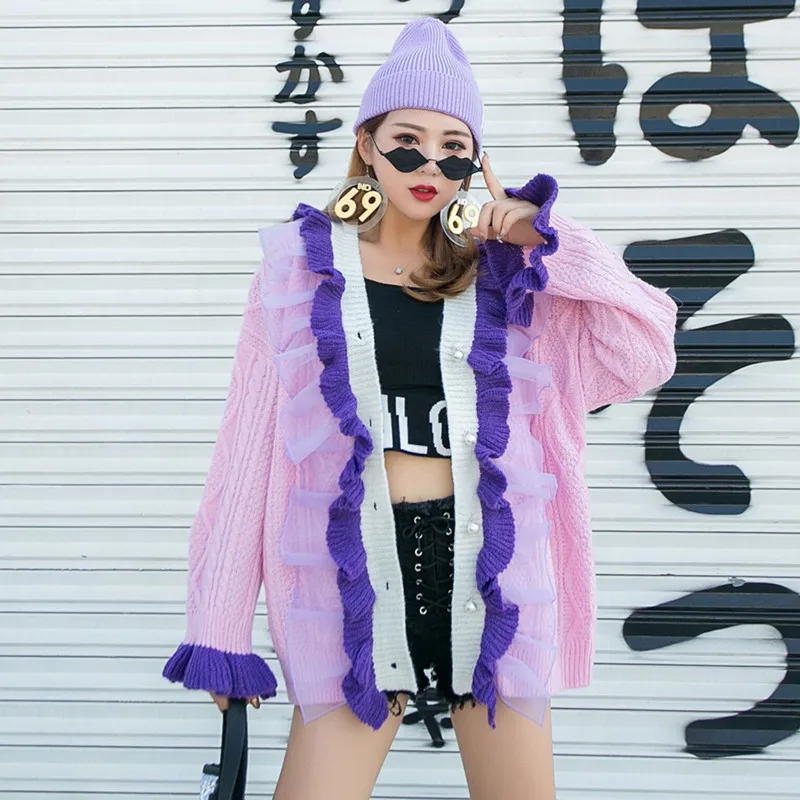 Женский уличный кардиган свободный шикарный свитер зеленого цвета с ушками