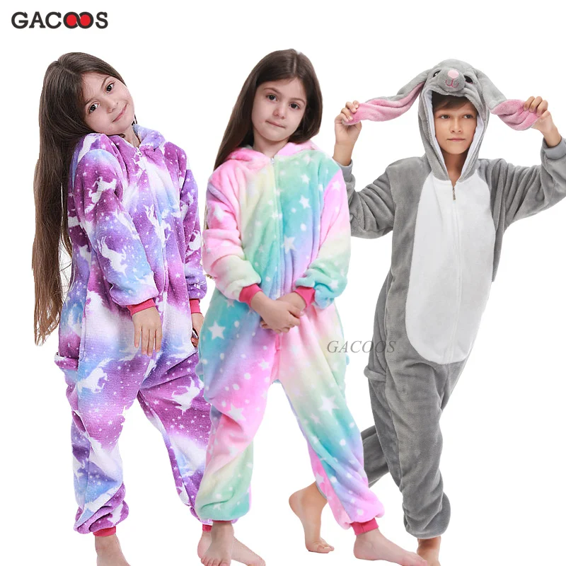 

Kigurumi Rabbit Sleepwear for Boys Girls Unicorn Pajamas Flannel Hooded Onesies Unicornio Pijamas Animal Panda Winter Nightwear
