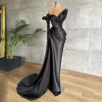 black evening dress one shoulder long sleeves illusion lace mermaid prom dresses pleat high slit celebrity party gown