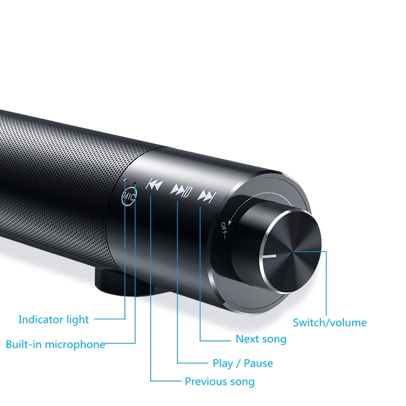 Звуковая панель для ТВ со встроенным беспроводным сабвуфером, поддержкой Bluetooth, звуковым центром и двойными колонками в цилиндрическом корпусе для настольного использования.