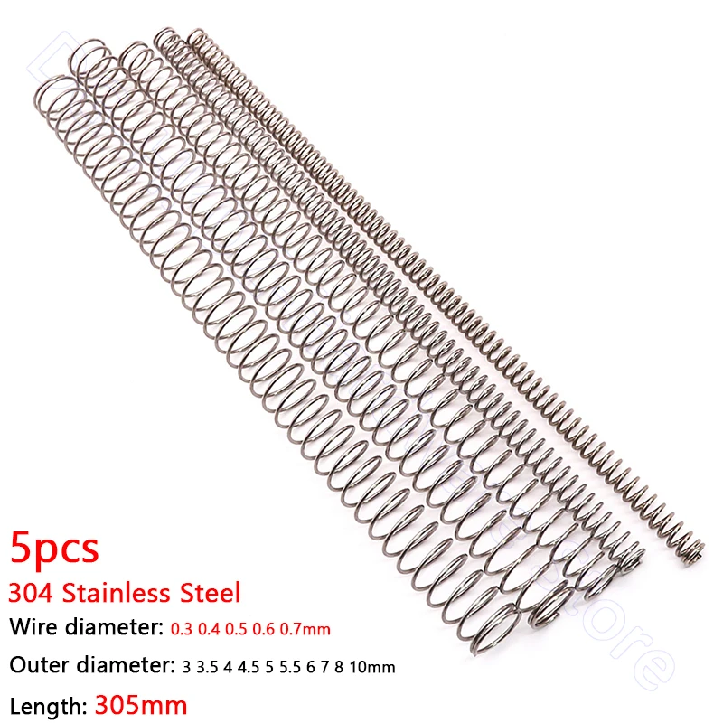 5pcs 305mm Compression Spring 304 Stainless Steel Pressure Wire Dia 0.3 0.4 0.5 0.6 0.7mm Outer 3 4 4.5 5 5.5 6-10mm | Обустройство