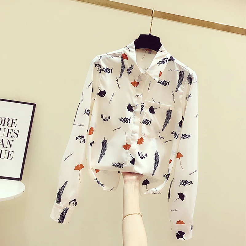 

2021 Spring New Fashion Simple Women Chiffon Shirt Loose Office Lady Top Retro Hong Kong Style Printed Button Up Blouse