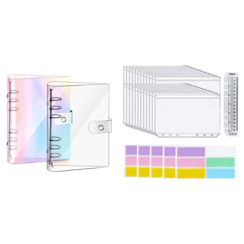 

1 Set A6 6-Ring Rainbow Clear PVC Binder Cover & 1 Set A6 Size 6 Holes Binder Zipper Waterproof Cash Budget Envelopes