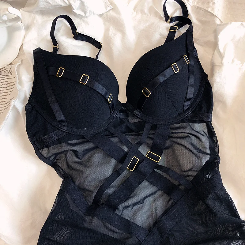 

FAKUNTN Sexy black gathered breasts bodysuit anti-sagging one-piece body shaping bra set perspective with steel ring lingerie