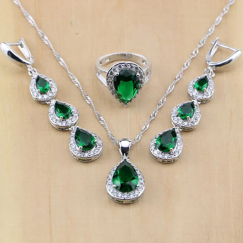 Water Drop Sterling Silver Jewelry Green Created Emerald White CZ Jewelry Sets Women Earrings/Pendant/Necklace/Rings T131