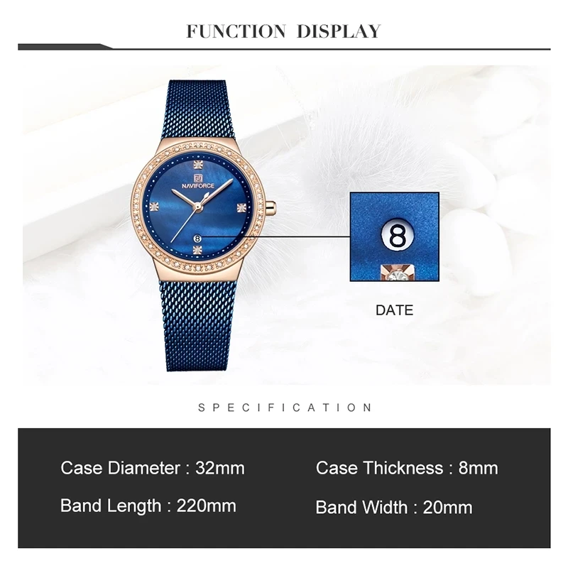 

NAVIFORCE Blue Mother-of-pearl Dial Women Fashion Quartz Watch Mesh Belt Luxury Gift Wristwatch For Ladies Relogio Feminino