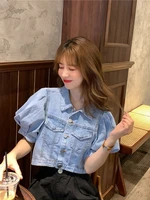 2021 summer korean style puff sleeve tops elegant retro blue jean slim crop shirts women vintage square neck denim t shirt