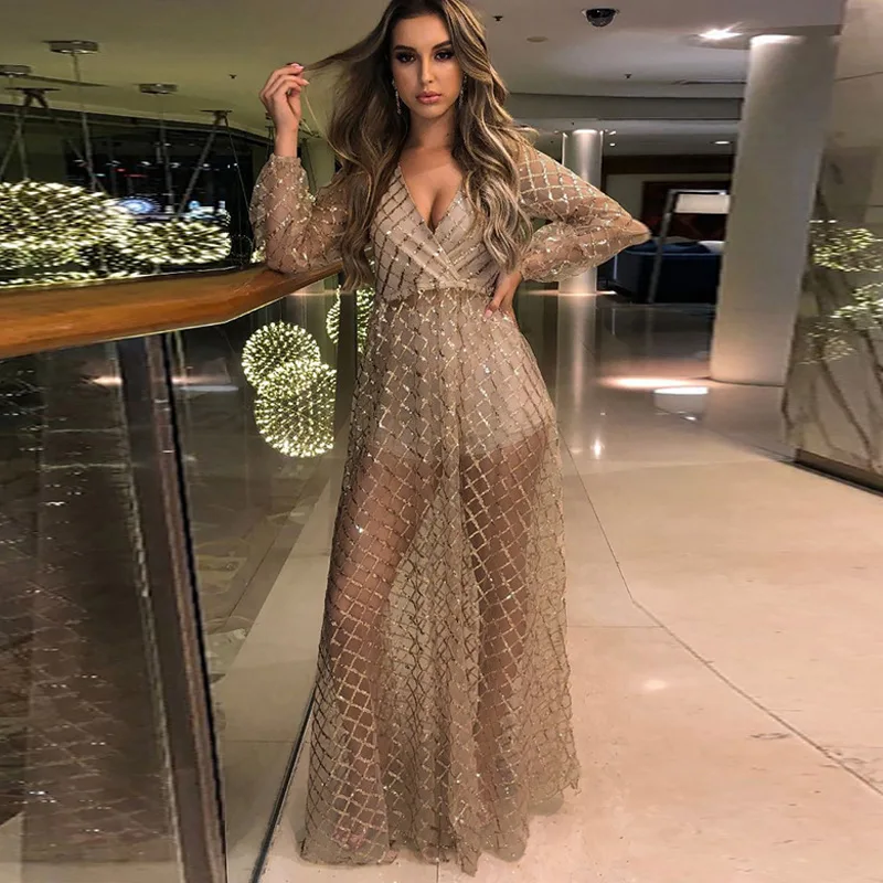 

2023 Christmas Party Women Summer Long Party Dress Long Sleeve Sexy Mesh Tulle Gold Sequin Maxi Dress Vestidos De Mujer