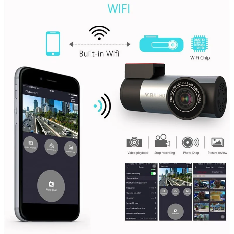 

Видеорегистратор автомобильный, Wi-Fi, FULL HD, 1080P, с G-датчиком