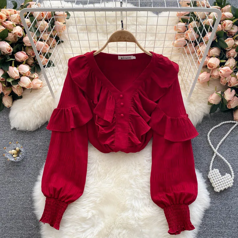 

Woman Chiffon Blouses Tops Shirts 2021 V-Neck Button Lantern Long Sleeve Loose Fashion Autumn New Elegant Lady Ruffle Shirt Tops