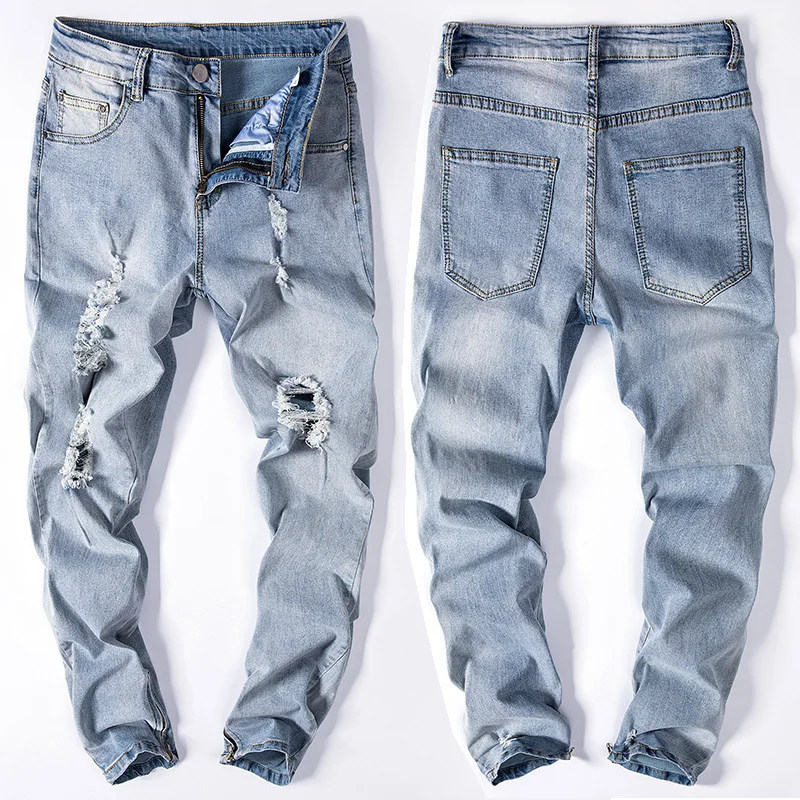 

Knee Hole Jeans Men's Light Blue Stretch Skinny Jeans Men's Fashion Casual Star With Slim Denim Pencil Pants