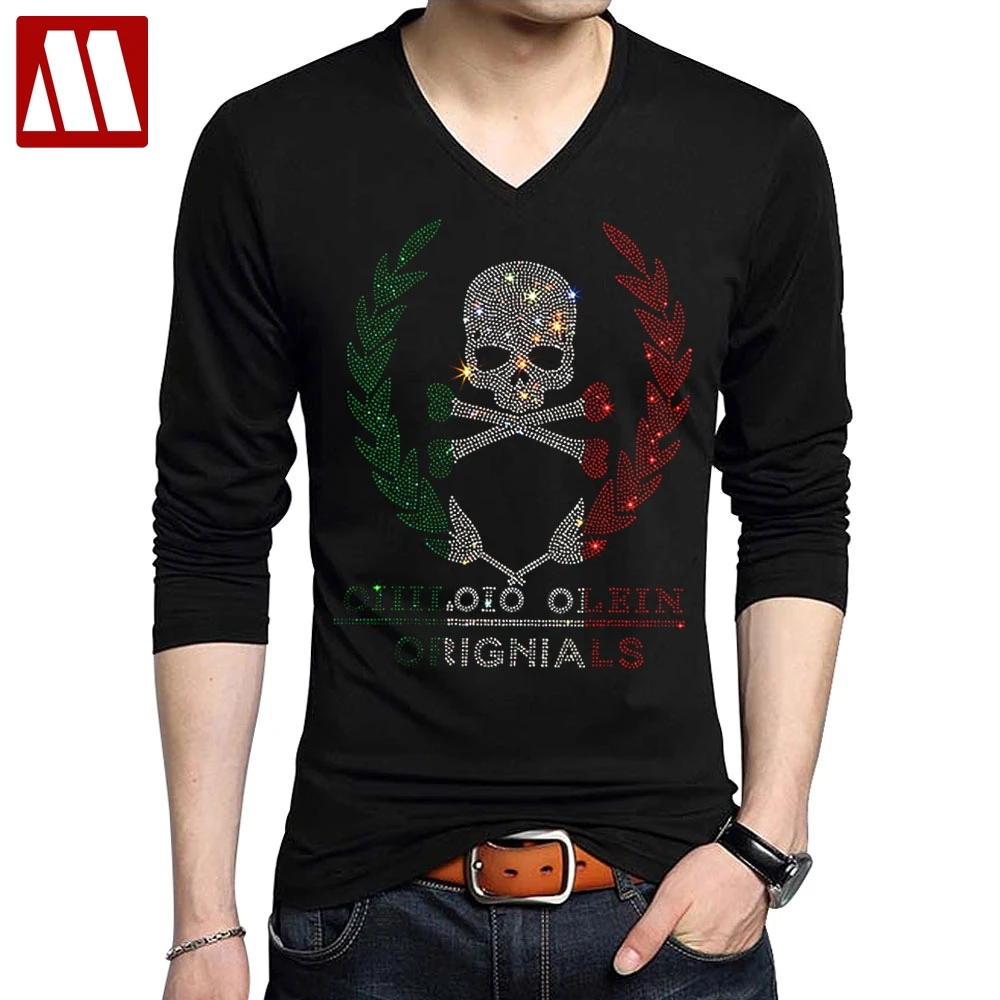 Мужская Винтажная футболка с длинным рукавом черная принтом черепа украшенная