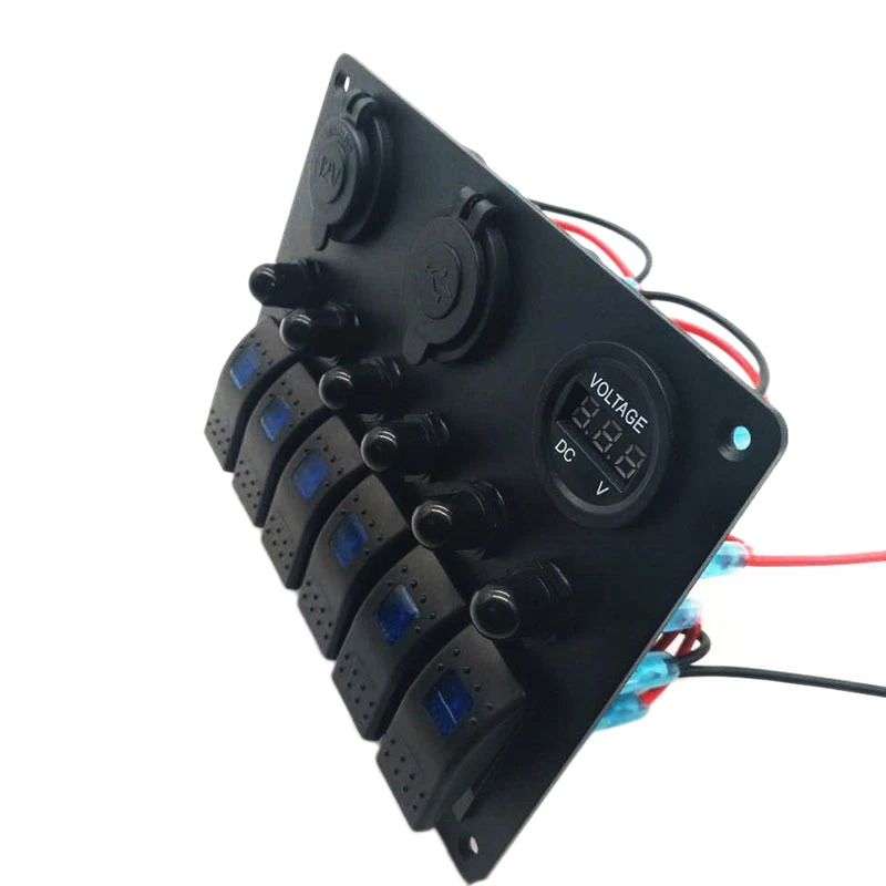 

Waterproof 6 Gang Toggle Rocker Switch Panel Car Marine Boat Circuit LED Breaker Voltmeter Aluminum Panel