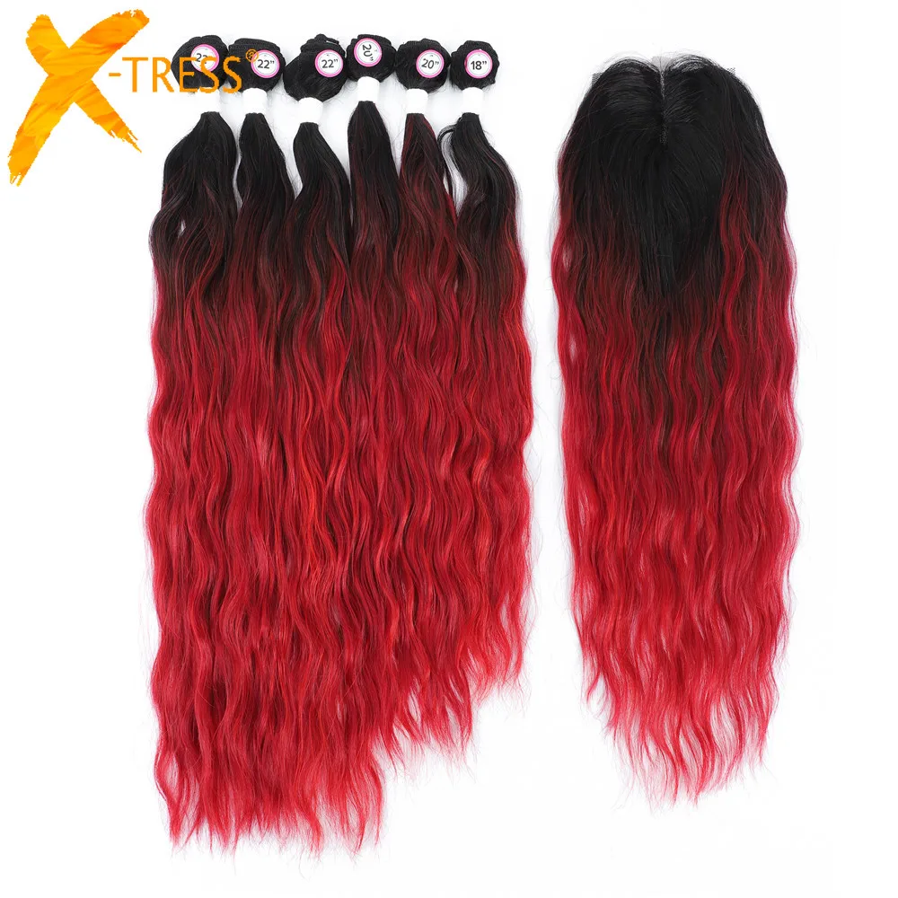 

Ombre Red Color Natural Wave Long Hair Extensions 6 Bundles With Lace Closure Easy to Make Wig Synthetic Hair Weaving X-TRESS