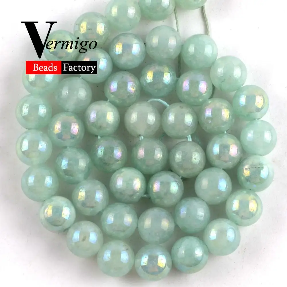 Natural Light Green Jades Plating AB Gem Baeds For Jewelry Making 4 6 8 10mm Round Beads DIY Necklaces Bracelets Accessories 15" |