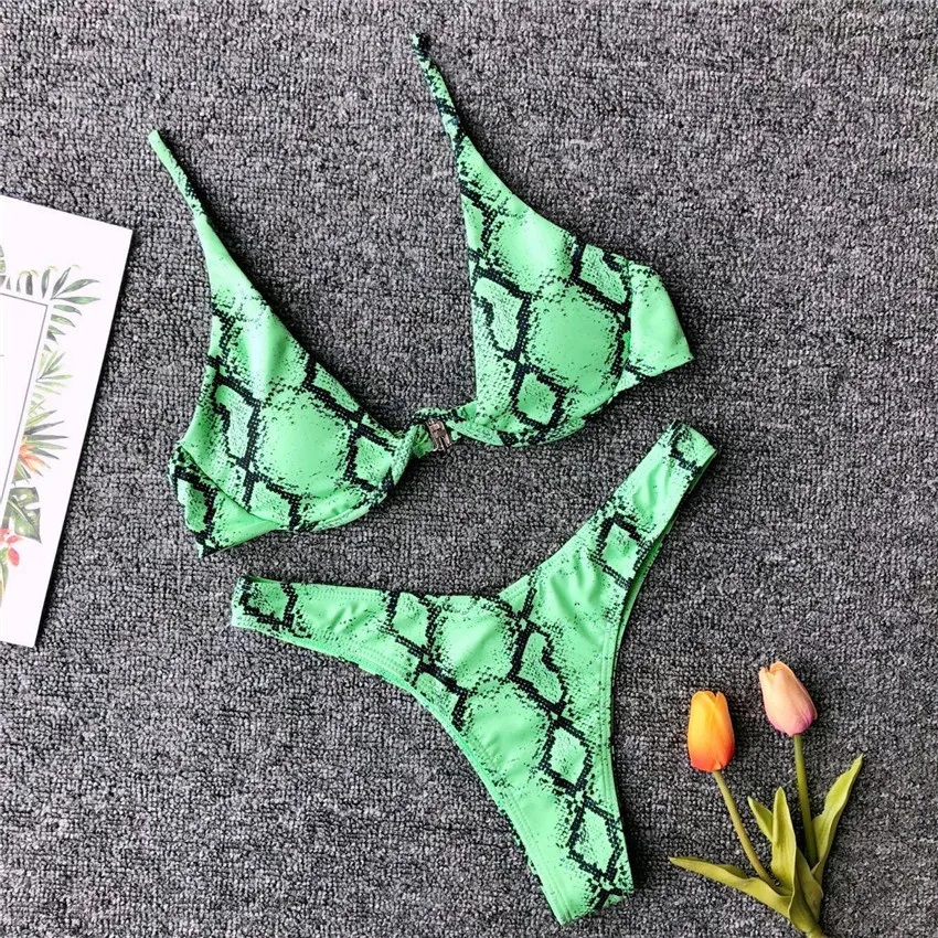 green bikini 7 цветов принт змеиной кожи проводной пуш-ап бикини женские купальные костюмы без подкладки купальные костюмы горячие женские купальники винтажные бикини - Цвет: green bikini