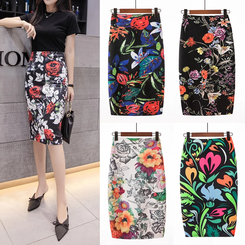 

Floral Print Elastic High Waist Pencil Skirts Midi Skirt Women Printed OL Work Wear Summer New short skirt