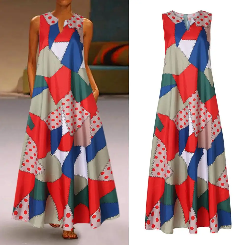 

Summer Beach Maxi Dress Women Floral Print Casual Sleeveless V Neck Vintage Sexy Party Dress Robe Femme