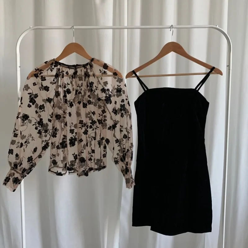 

Woman' Korean Fall Spring Vintage Fashion Black Slim Two-piece Sets Sexy Mesh Stitching Strap Mini Dress Female Party Clothing