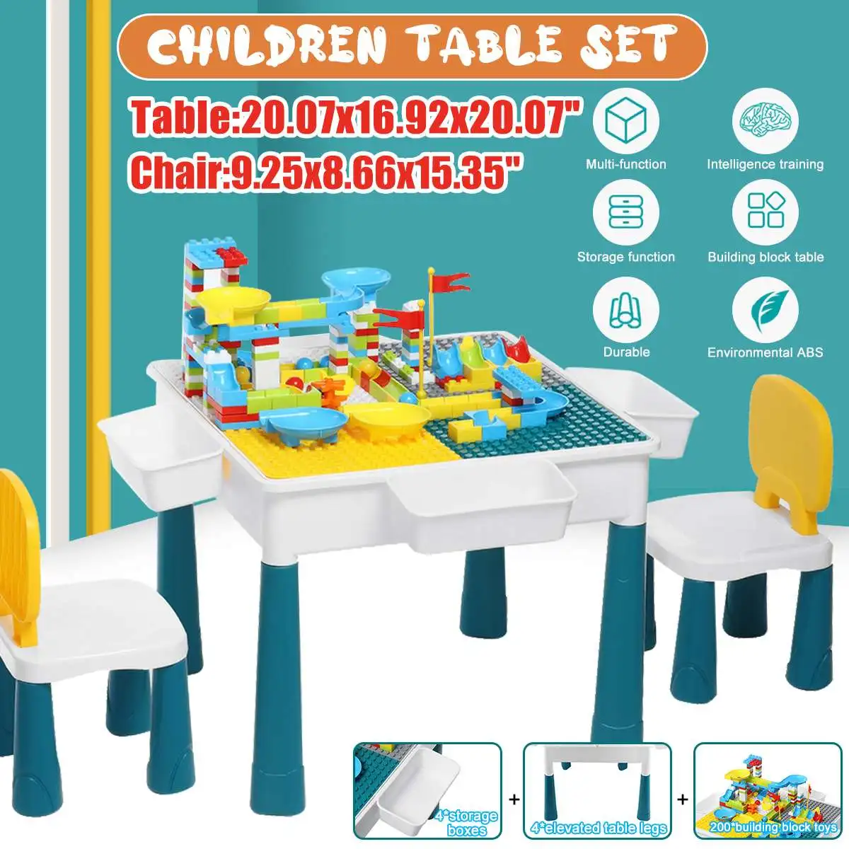 

Adjustable Childrens Plastic Table and Chair Set Educational Learning Game Table Early Education With 200PCS building blocks